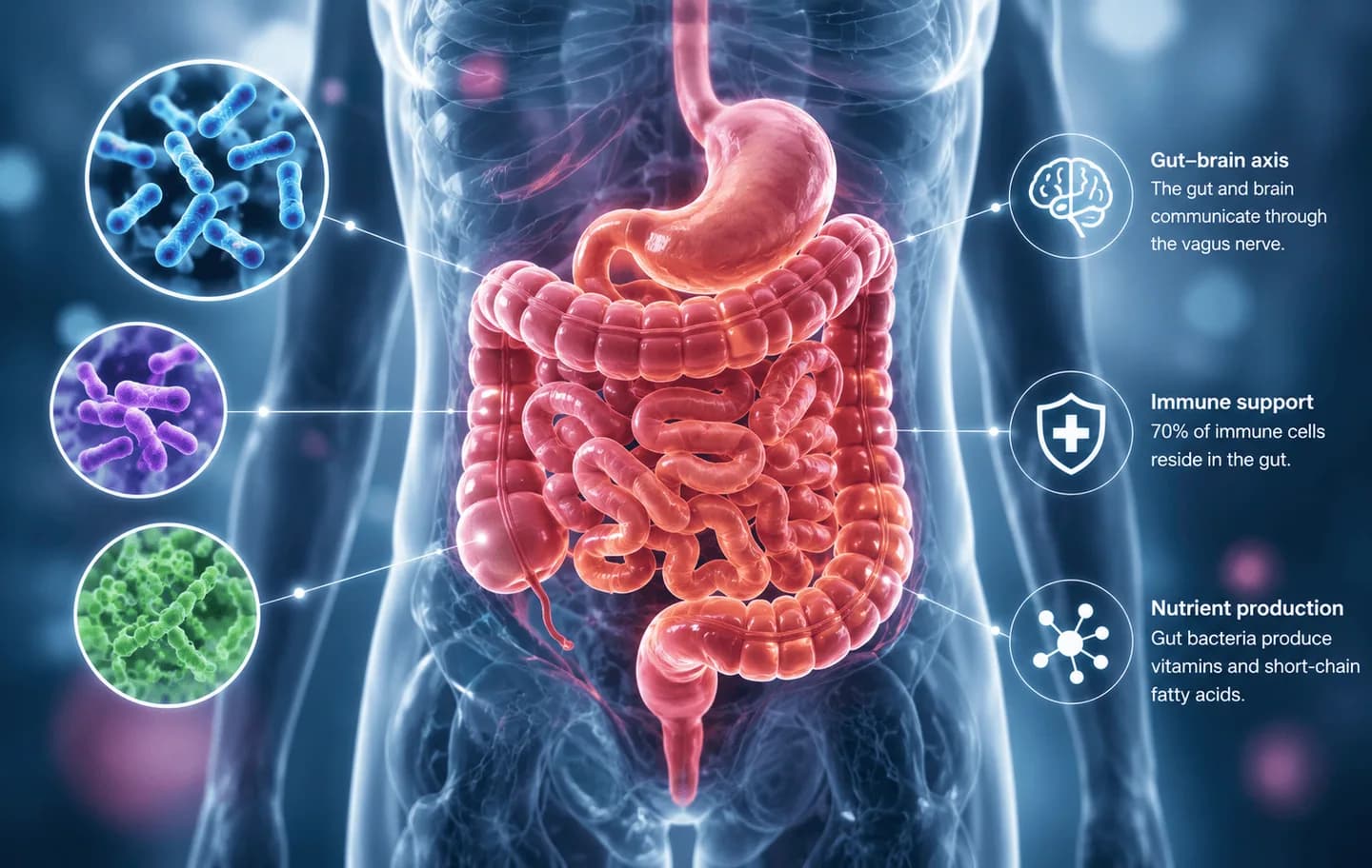 Diagram of the human digestive system labelling three roles of the gut microbiome: the gut–brain axis, in which gut and brain communicate through the vagus nerve; immune support, with 70% of immune cells residing in the gut; and nutrient production of vitamins and short-chain fatty acids.