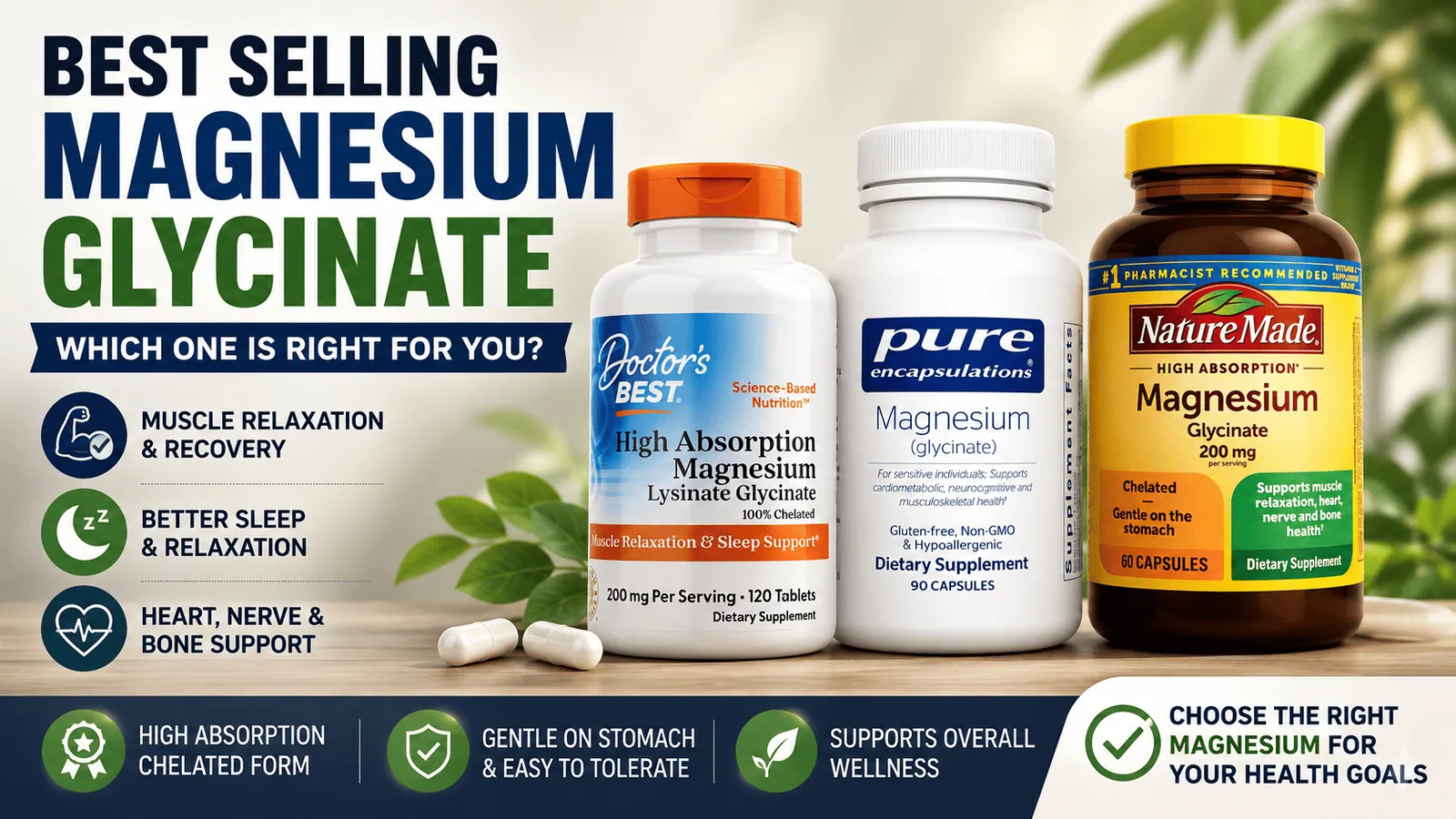 Three servings of magnesium glycinate side by side on a light surface — a single large capsule, a pair of capsules, and a pair of tablets — showing how much the serving size differs between products