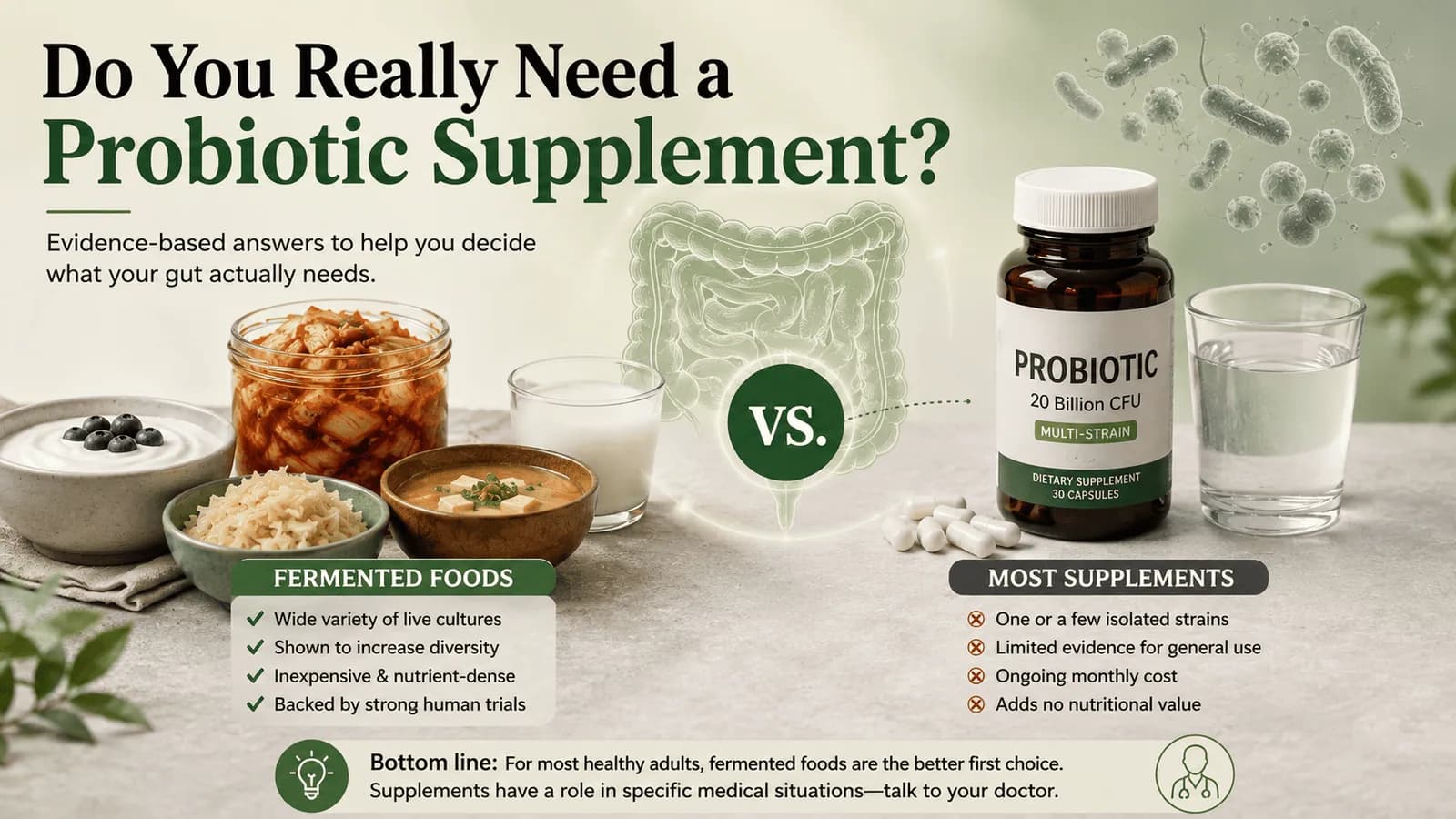 Jars of kefir, kimchi and sauerkraut on a kitchen counter beside an open bottle of probiotic capsules.
