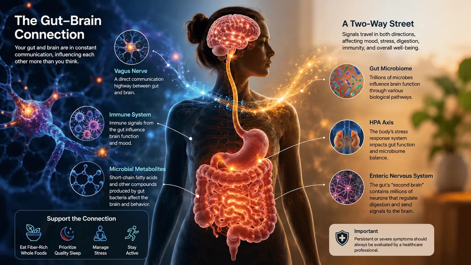 Illustration of the vagus nerve running between the brain and the digestive tract, with arrows showing signals travelling in both directions.
