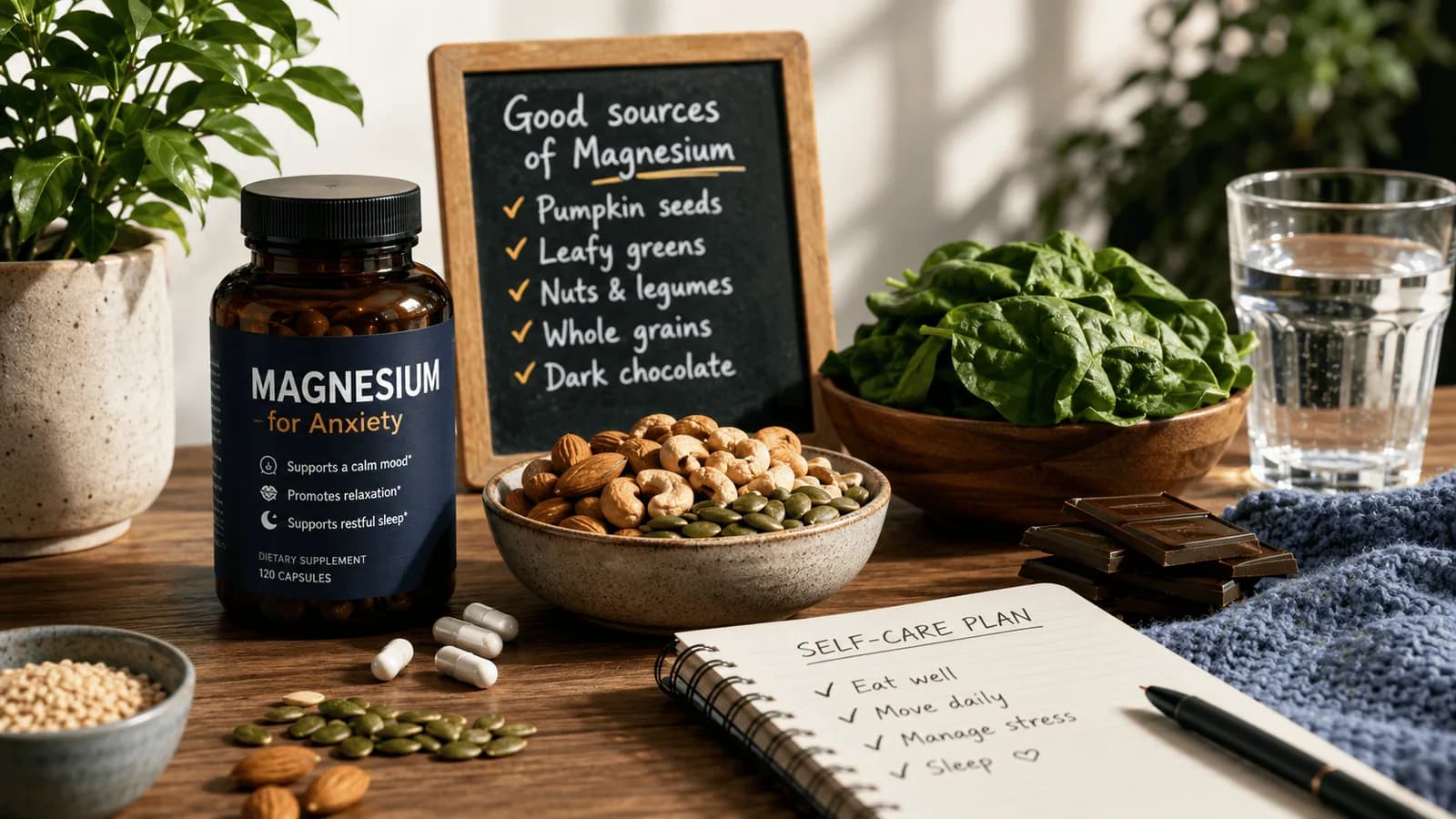 Bowls of pumpkin seeds, almonds, black beans and spinach arranged on a wooden board beside a few squares of dark chocolate.