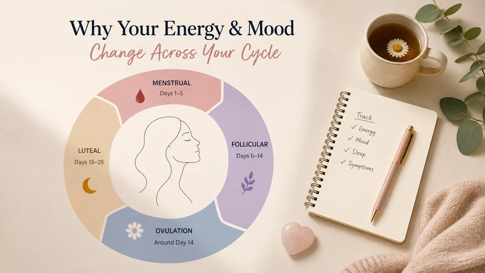 A paper habit tracker on a desk with a month of daily energy and mood notes filled in by hand, beside a mug of tea.