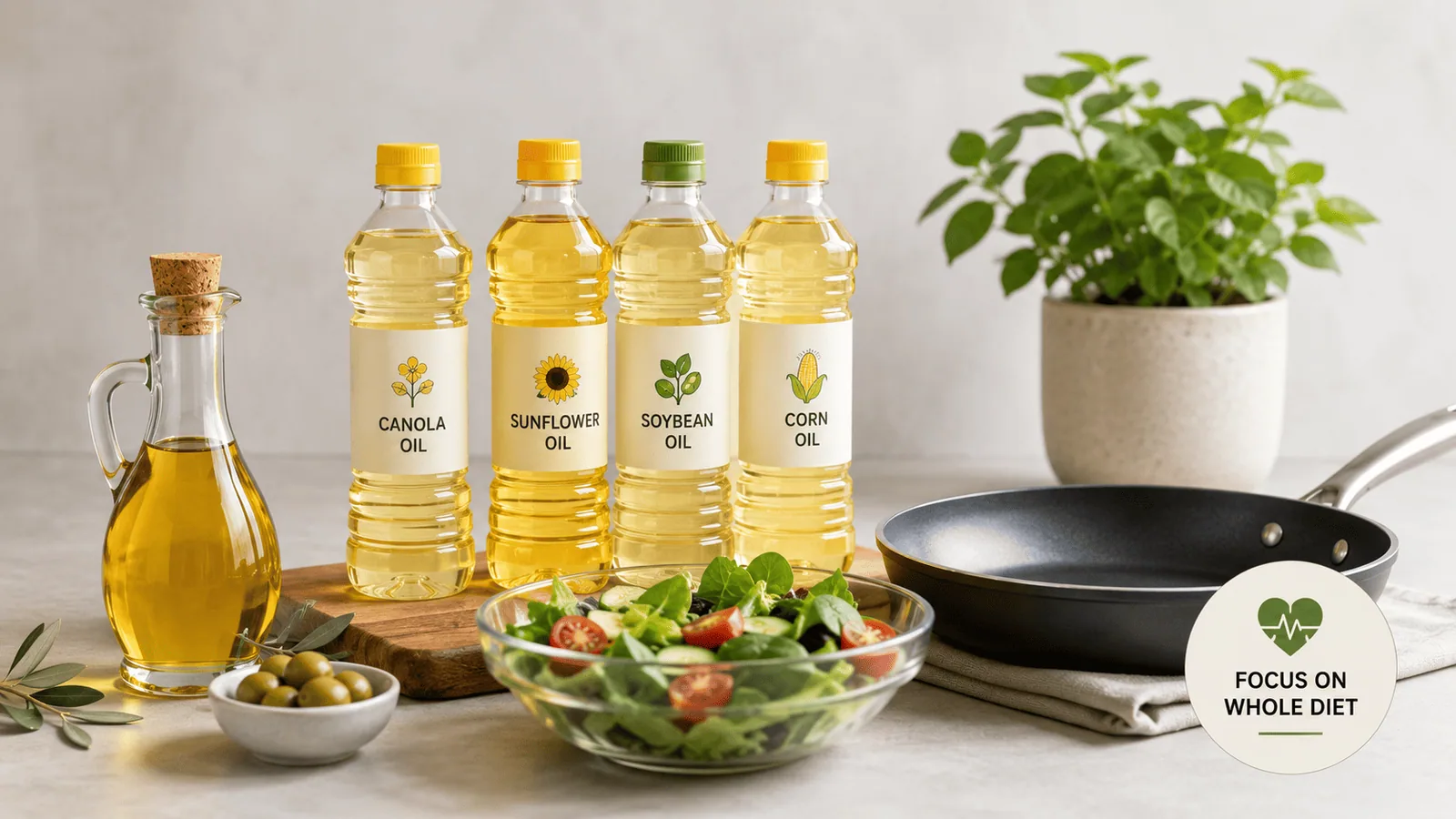 Bottles of sunflower, canola and olive oil on a kitchen counter beside a bowl of sunflower seeds and a frying pan.