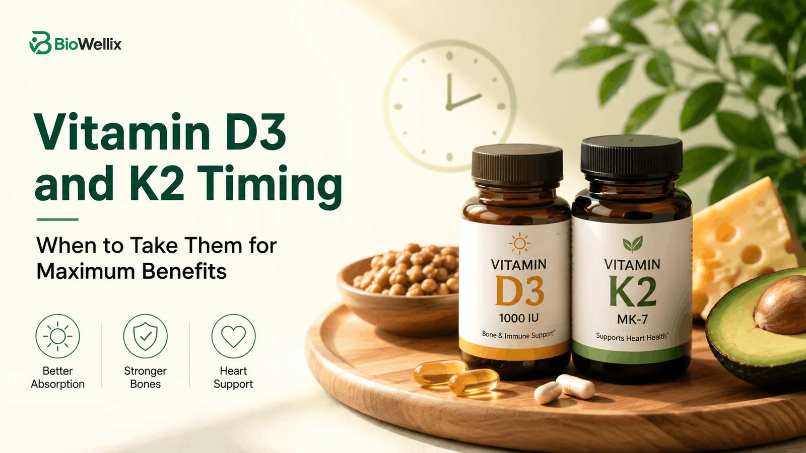 A single supplement capsule beside a plated meal of oily fish and olive oil, showing that vitamin D3 and K2 are absorbed alongside dietary fat