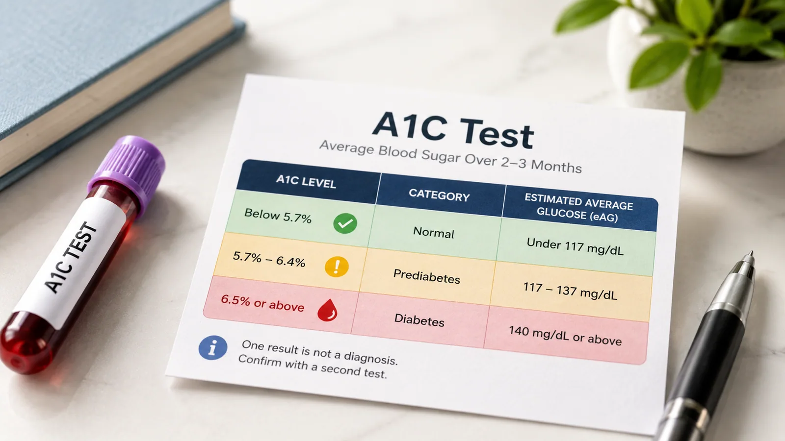 A laboratory blood test report showing a hemoglobin A1C result, with a glucose meter and lancet on the desk beside it.