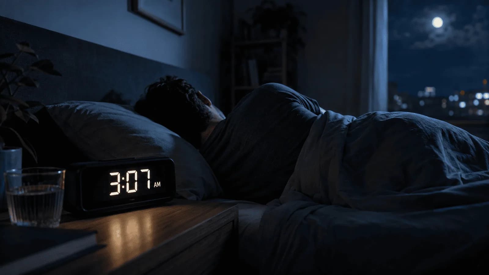 A dark bedroom lit only by a bedside clock reading 3:07, with a person lying awake facing away from it.