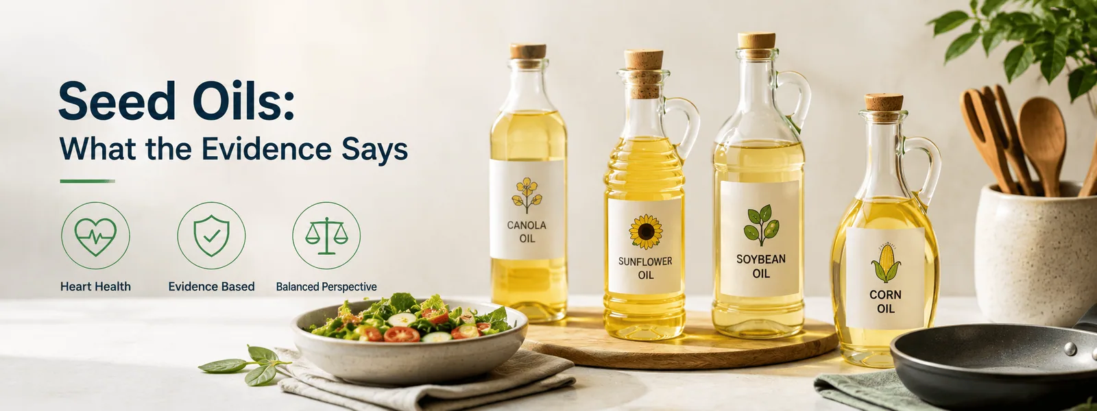 Bottles of sunflower, canola and olive oil on a kitchen counter beside a bowl of sunflower seeds and a frying pan.