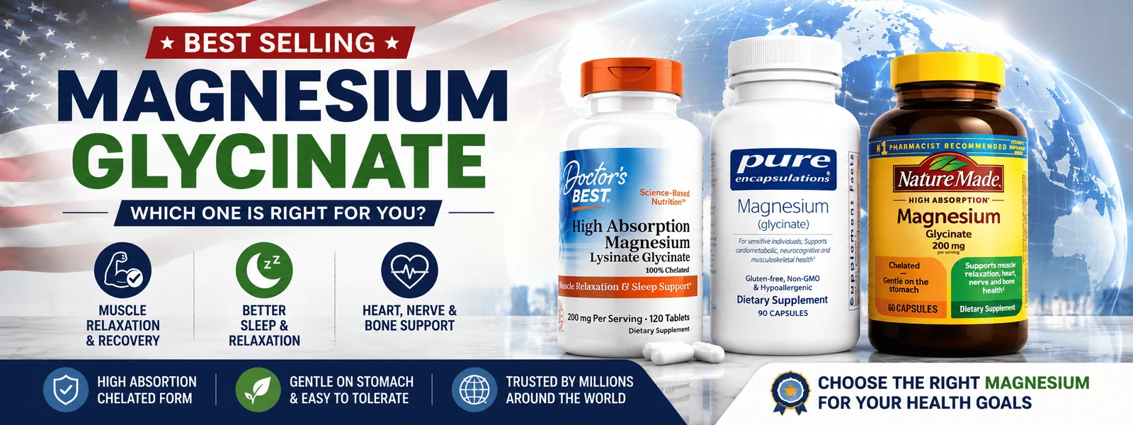 Three servings of magnesium glycinate side by side on a light surface — a single large capsule, a pair of capsules, and a pair of tablets — showing how much the serving size differs between products
