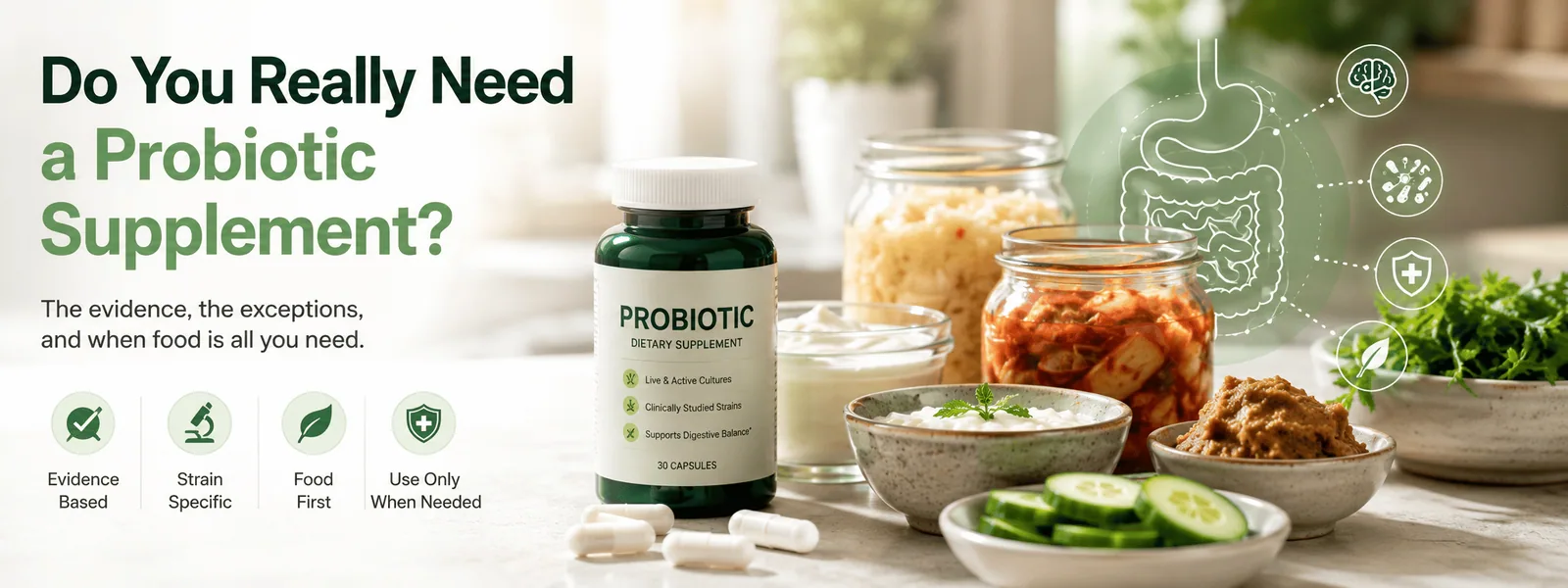 Jars of kefir, kimchi and sauerkraut on a kitchen counter beside an open bottle of probiotic capsules.
