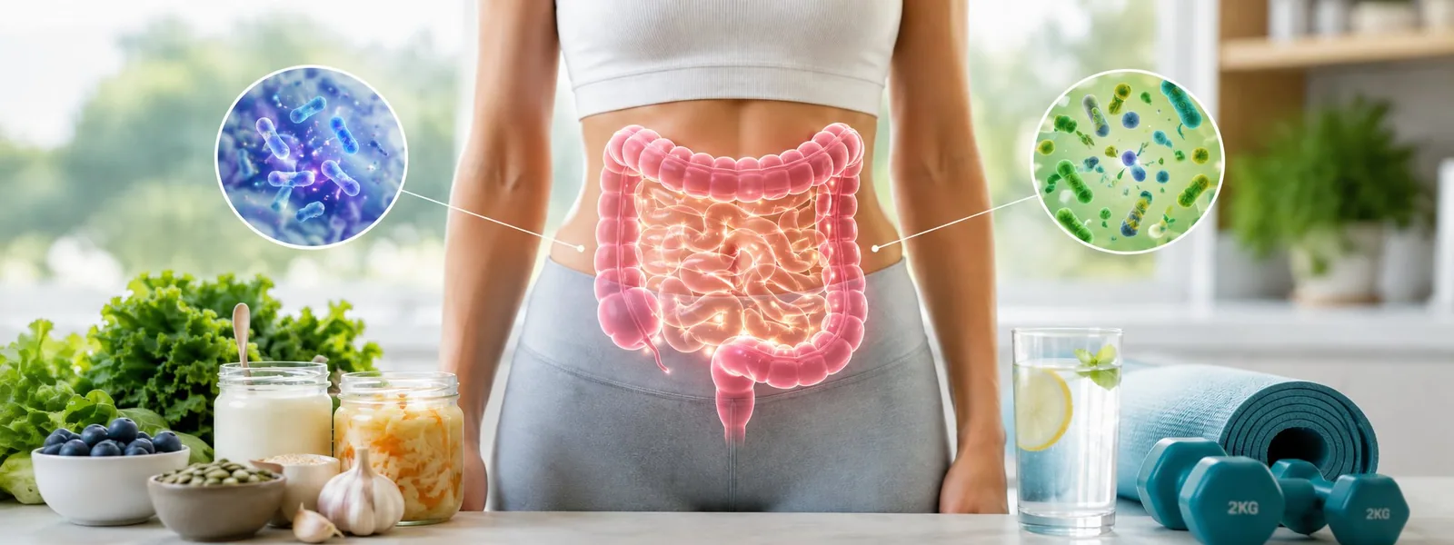 Illustration of the digestive tract over a woman's midsection, flanked by magnified views of gut bacteria, with leafy greens, yogurt, sauerkraut, garlic and blueberries on the counter beside her.