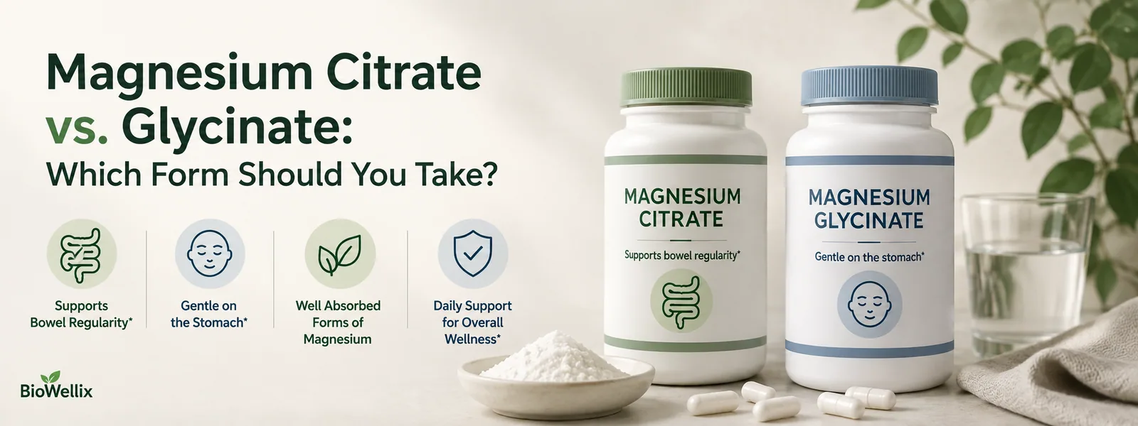 Two supplement bottles side by side, one labelled magnesium citrate and one magnesium glycinate, with the elemental magnesium figure visible on each supplement facts panel