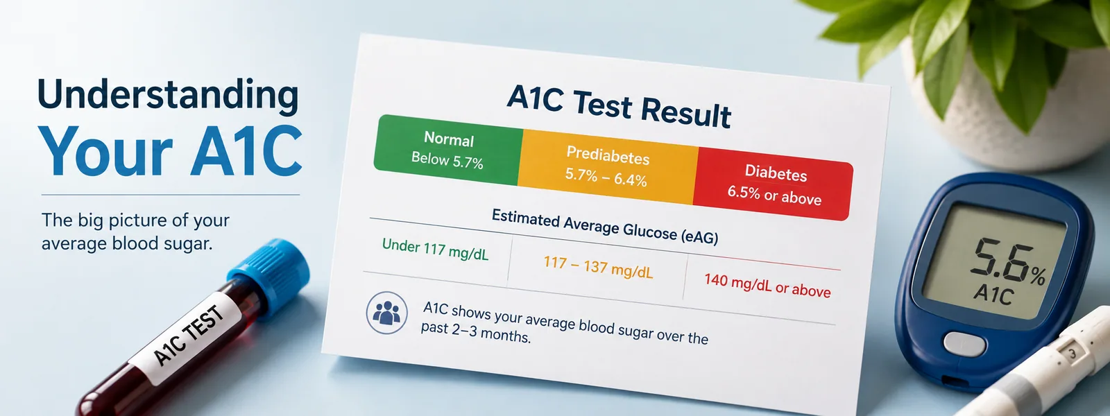 A laboratory blood test report showing a hemoglobin A1C result, with a glucose meter and lancet on the desk beside it.