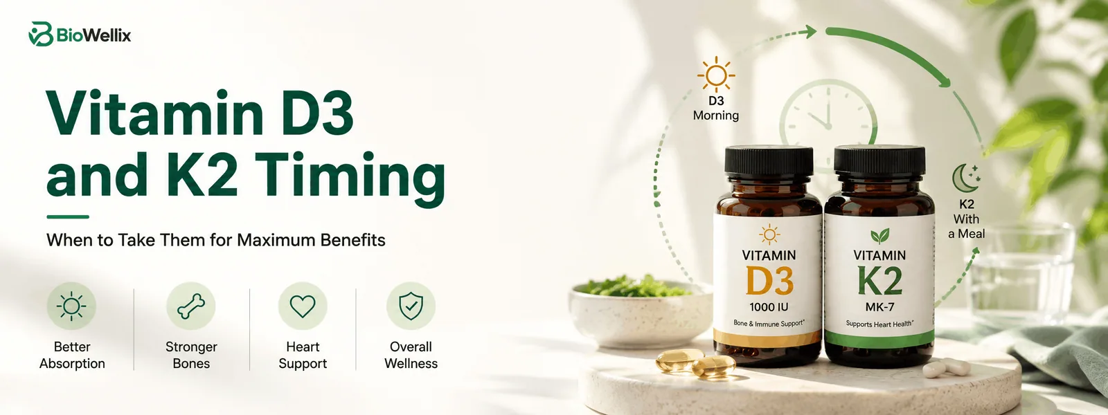 A single supplement capsule beside a plated meal of oily fish and olive oil, showing that vitamin D3 and K2 are absorbed alongside dietary fat