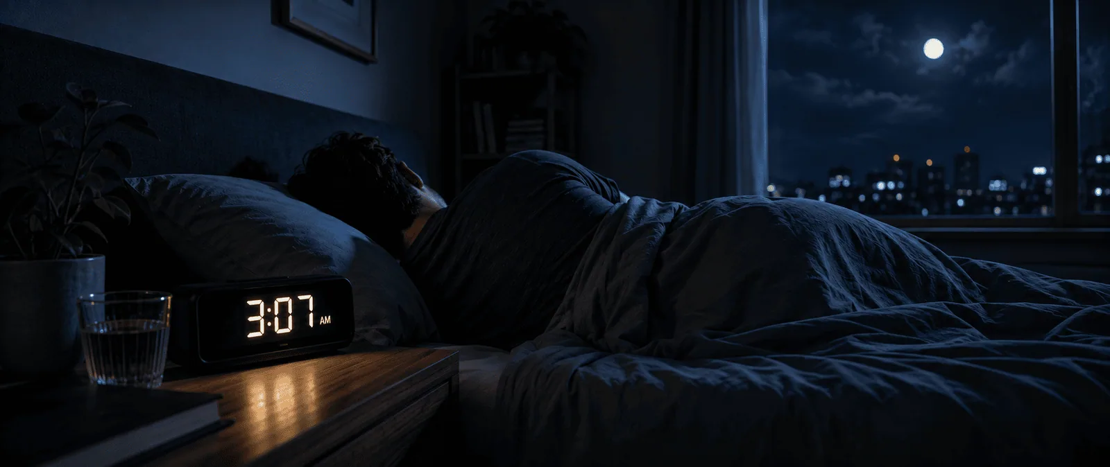A dark bedroom lit only by a bedside clock reading 3:07, with a person lying awake facing away from it.